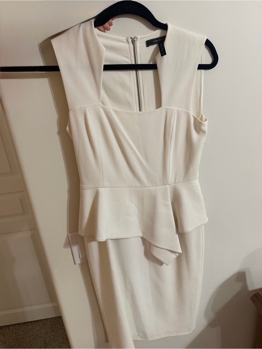 BCBG Sleeveless White Peplum Sheath Dress